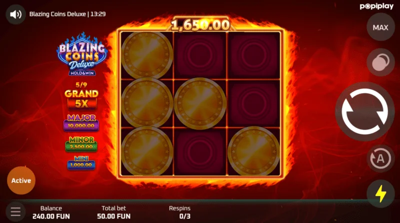 Blazing Coins Deluxe ekran za igru ponovnog okretanja