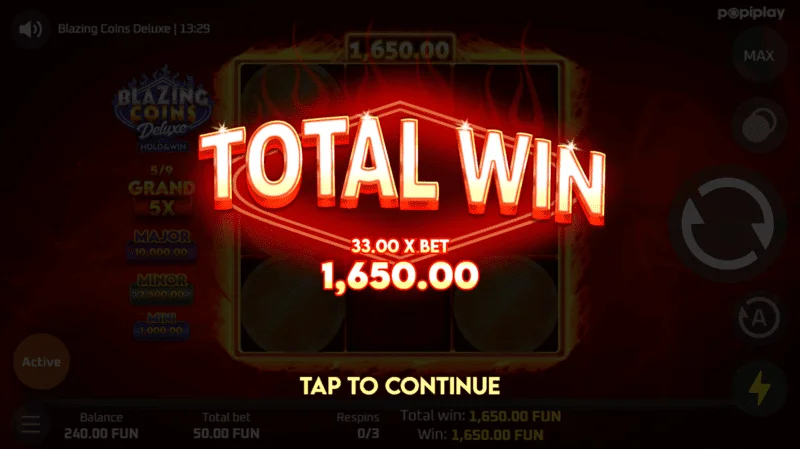Blazing Coins Deluxe ukupan dobitak ponovnog okretanja